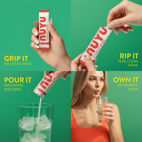 NUYU Hydrate Mode electrolyte drink supplement UK - grip, rip, pour and sip lifestyle