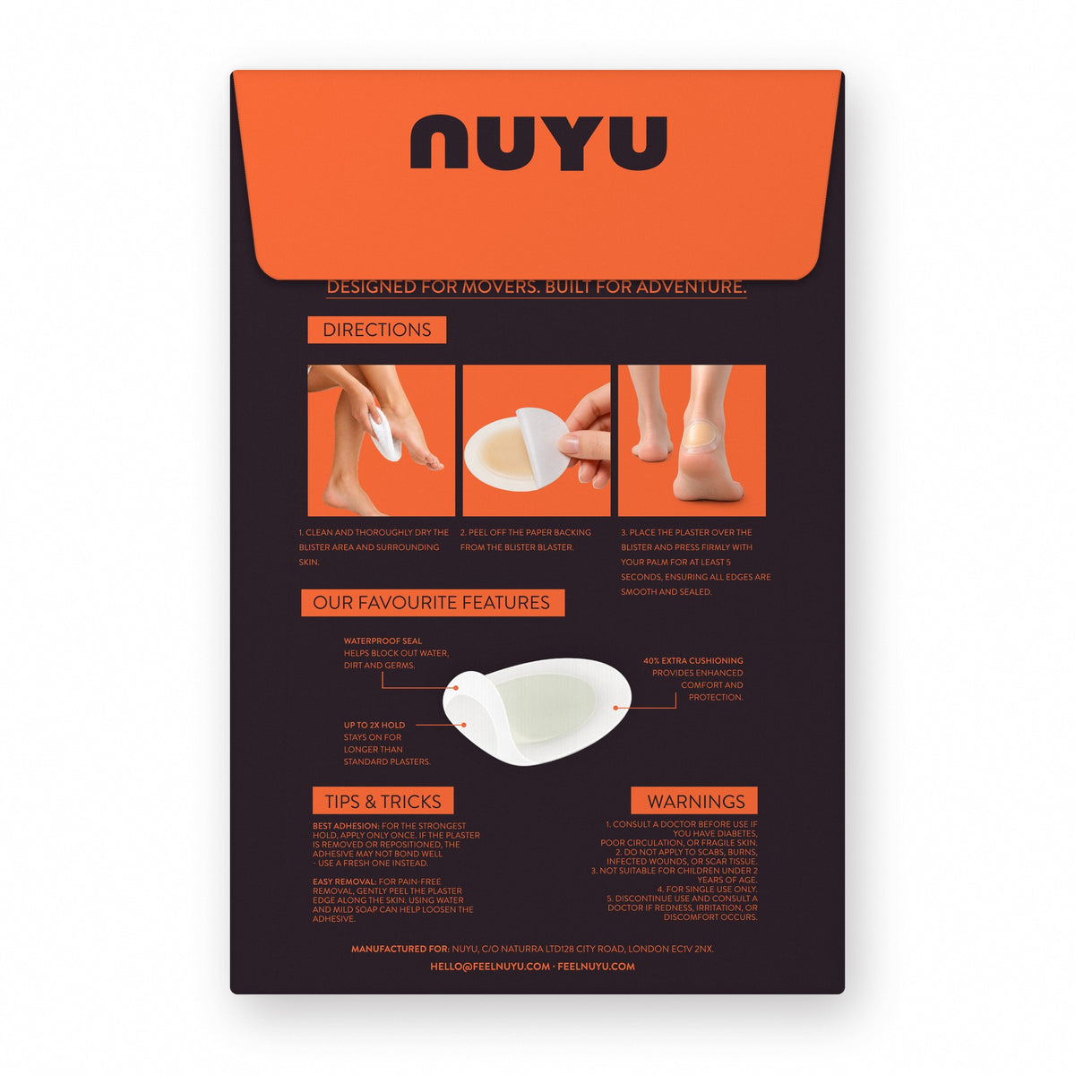 Back of the NUYU Blister Blasters pack with directions, features and warnings