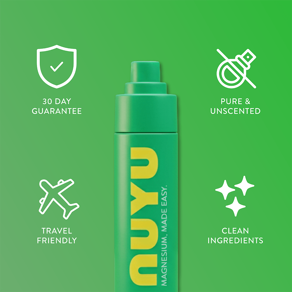 NUYU everyday magnesium spray UK with green bottle showing travel friendly and clean ingredients icons