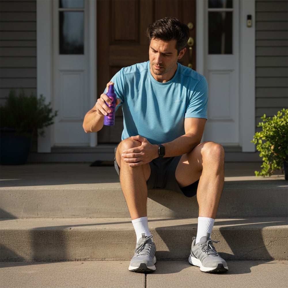 Man applying Muscle & Joint Magnesium spray on knee outside home for muscle and joint relief