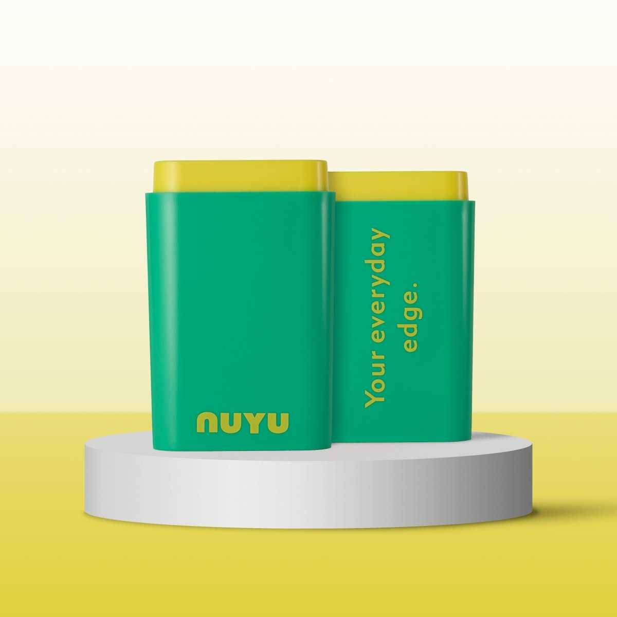 NUYU Pocket Pack reusable green and yellow pouch for carrying supplements on a white display stand
