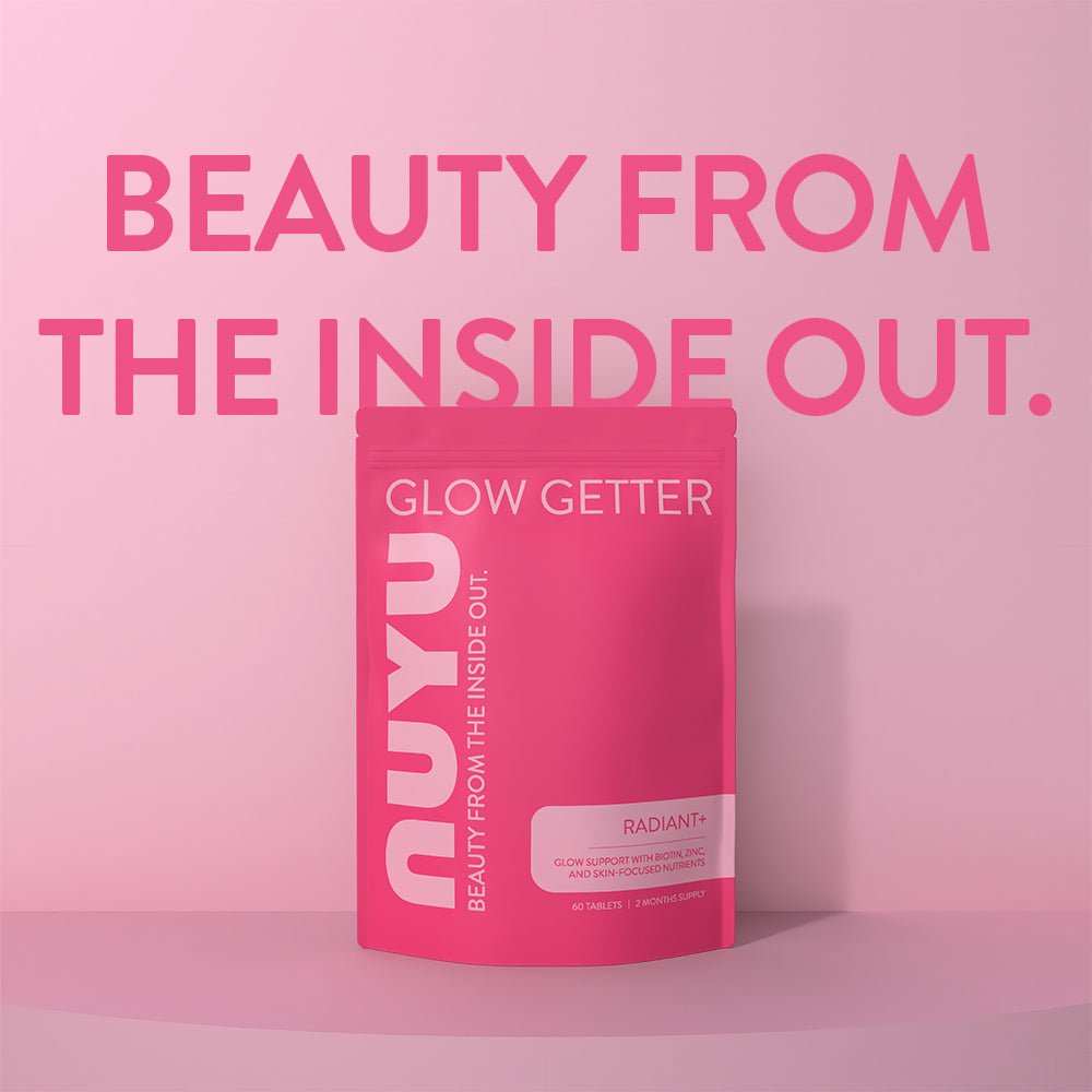 Radiant+ Glow Getter supplement pouch promoting beauty from the inside out with vitamins and antioxidants on a pink background