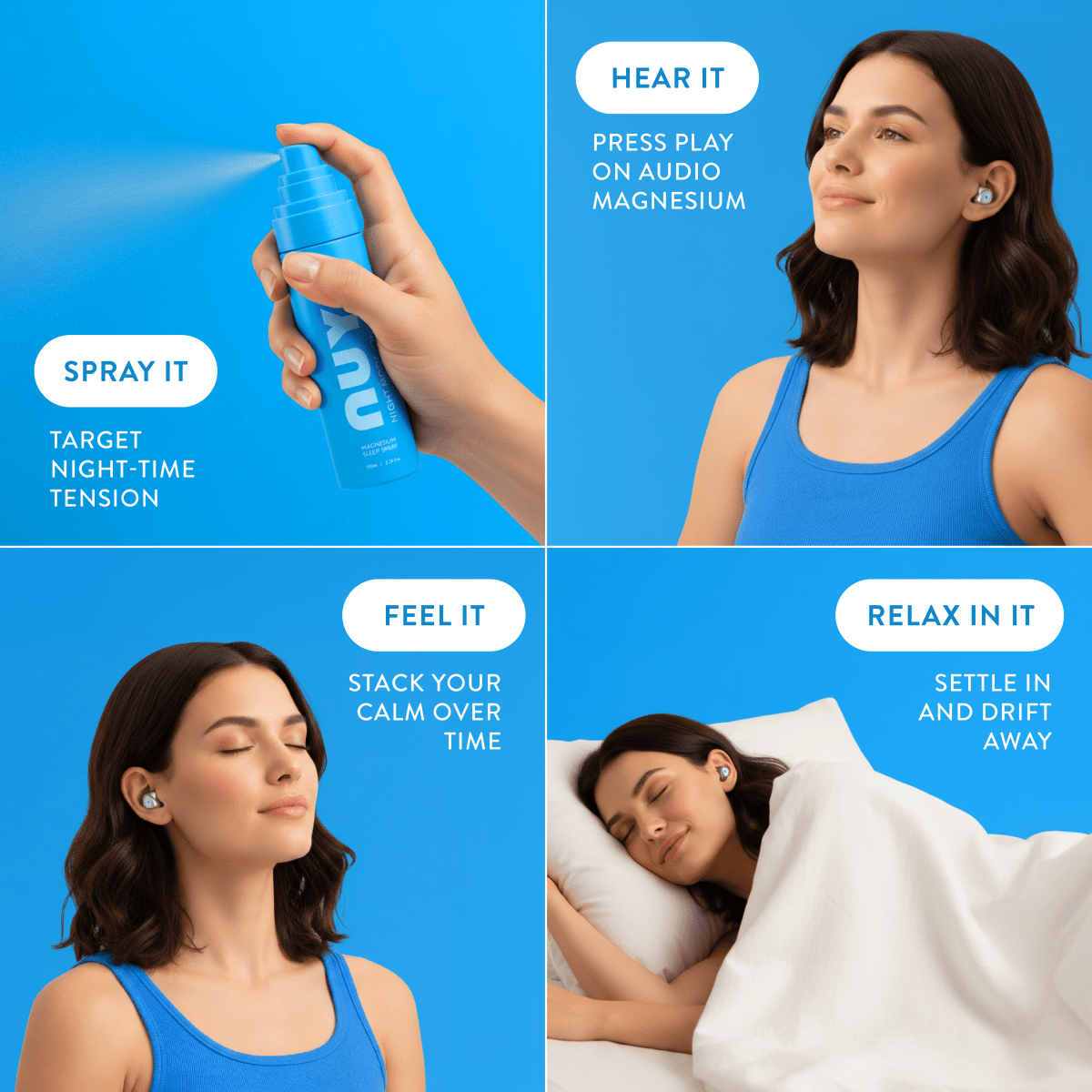 NUYU magnesium sleep spray UK four-step routine: spray, hear, feel, relax in bed