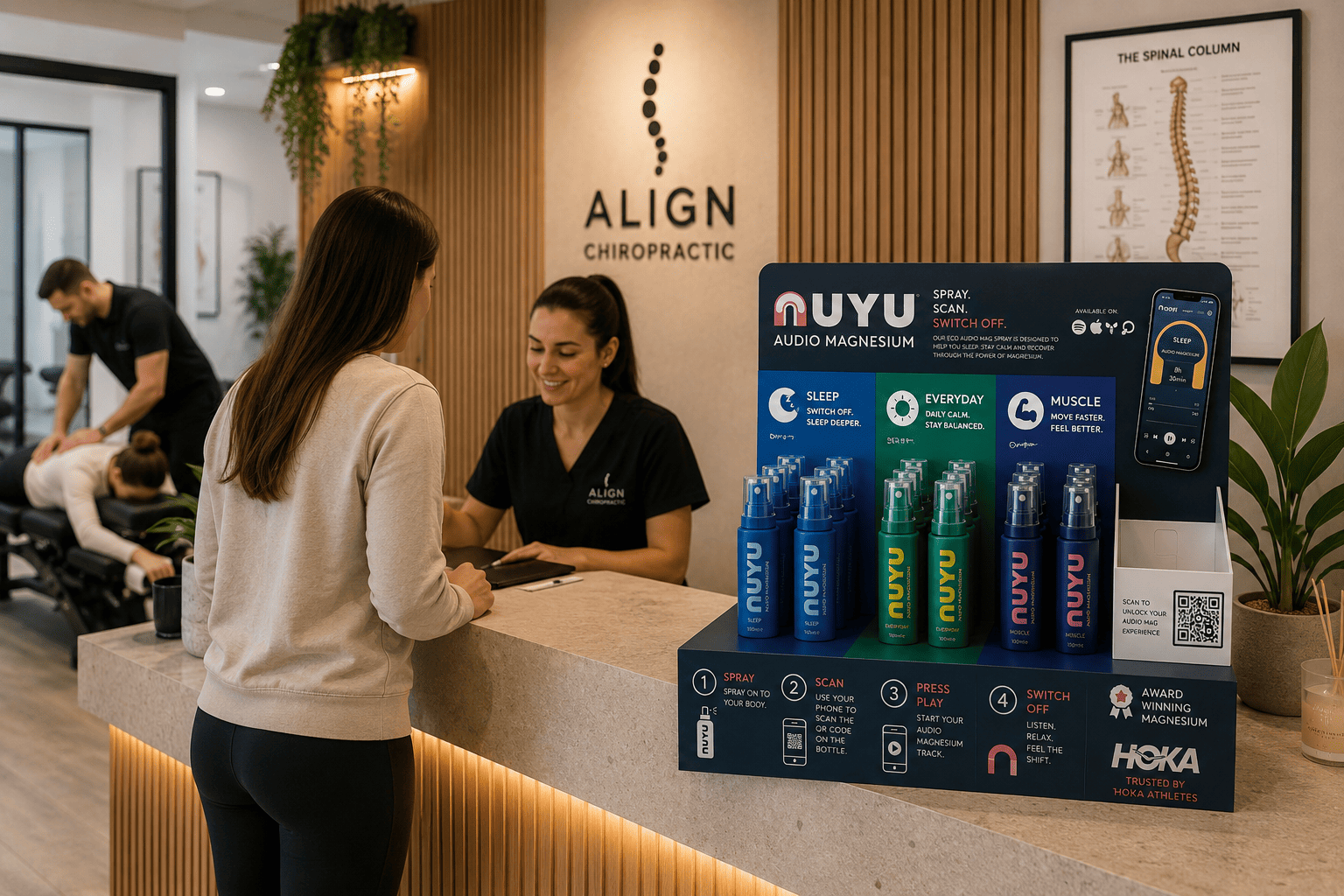 NUYU magnesium sprays on stone pedestals