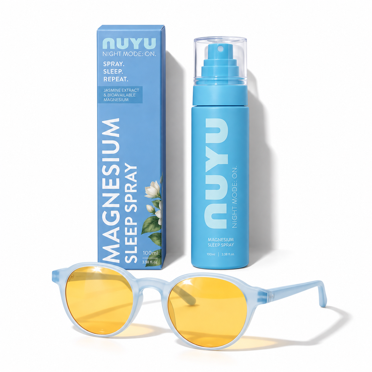 NUYU Afterlight Evening Kit: Night Mode On magnesium sleep spray with its box and Afterlight ice blue glasses with yellow lenses