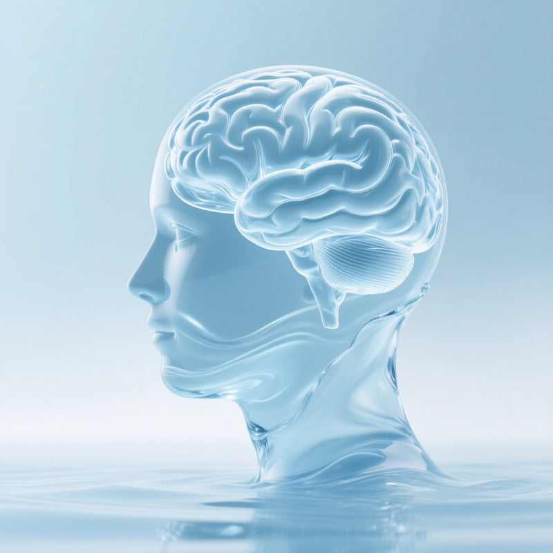 Glass sculpture of a head with a detailed brain on a light blue background