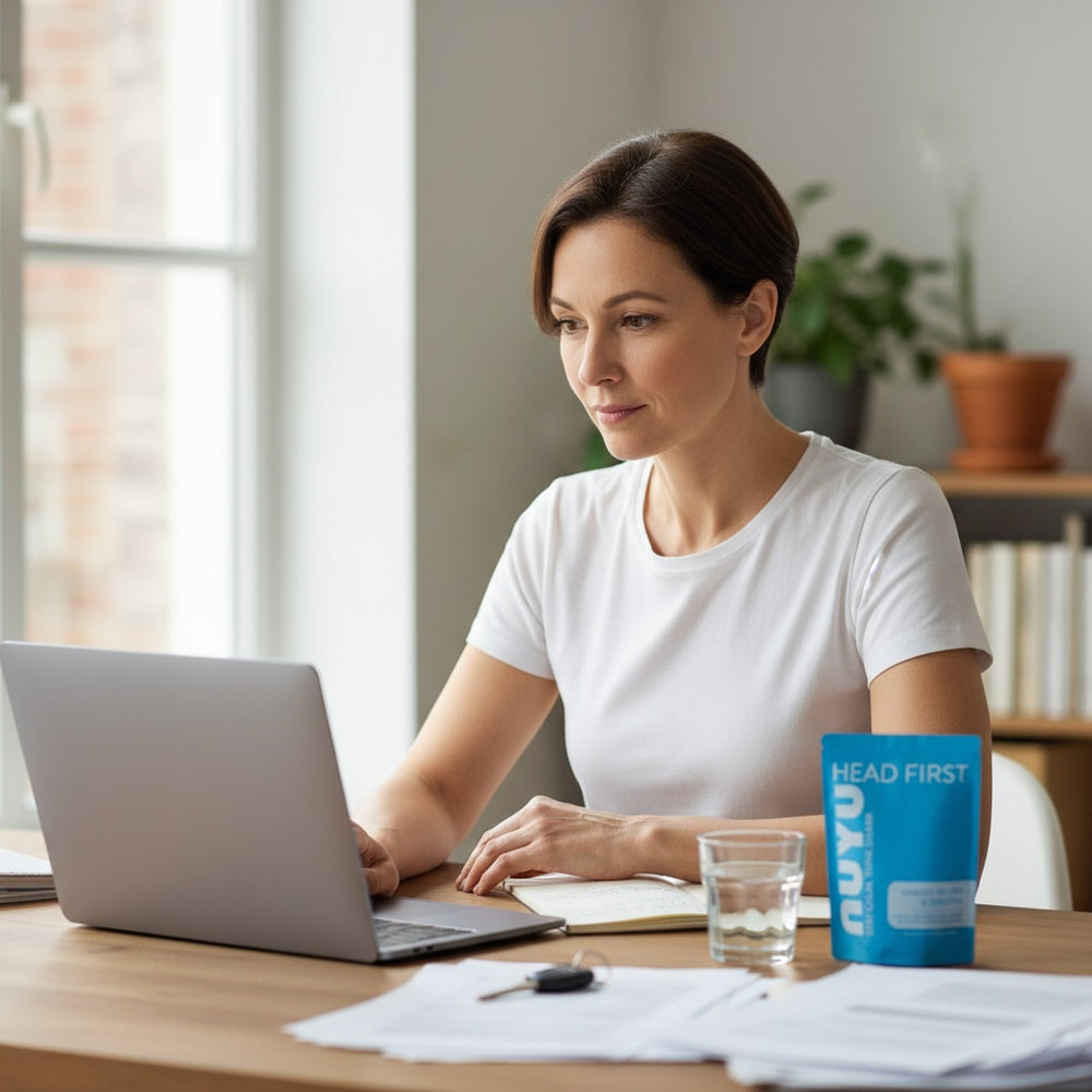 A person sitting at a desk in natural light