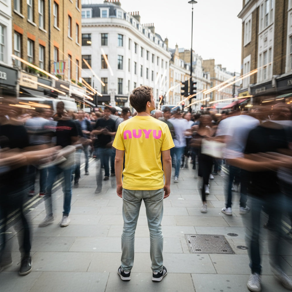 A person standing calmly while the world rushes around them