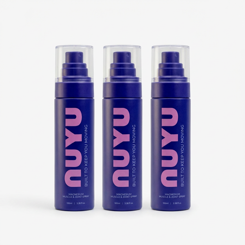 NUYU magnesium muscle joint spray UK wellness product bottles set of three