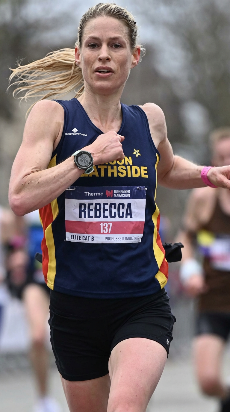 Female marathon runner wearing NUYU magnesium spray for muscle recovery during race