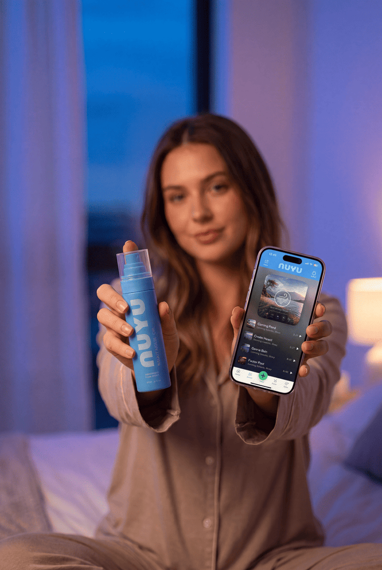 A woman holding a NUYU magnesium spray and the NUYU app