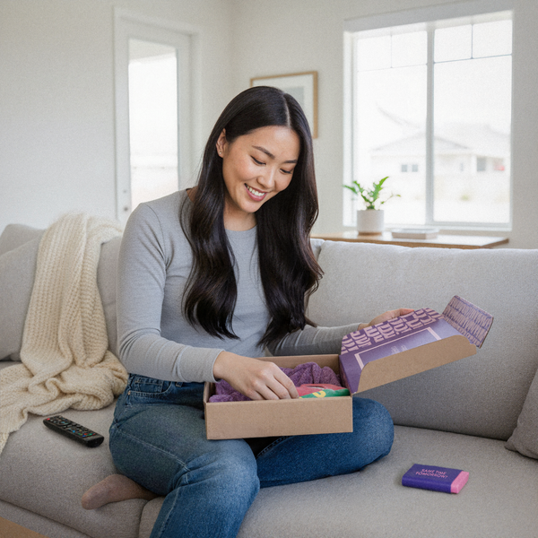 nuyu wellness a Woman sitting on a couch opening a box of products in a bright living room.
