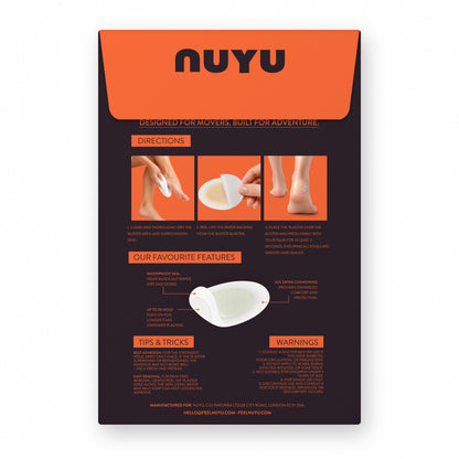 Back of the NUYU Blister Blasters pack with directions, features and warnings