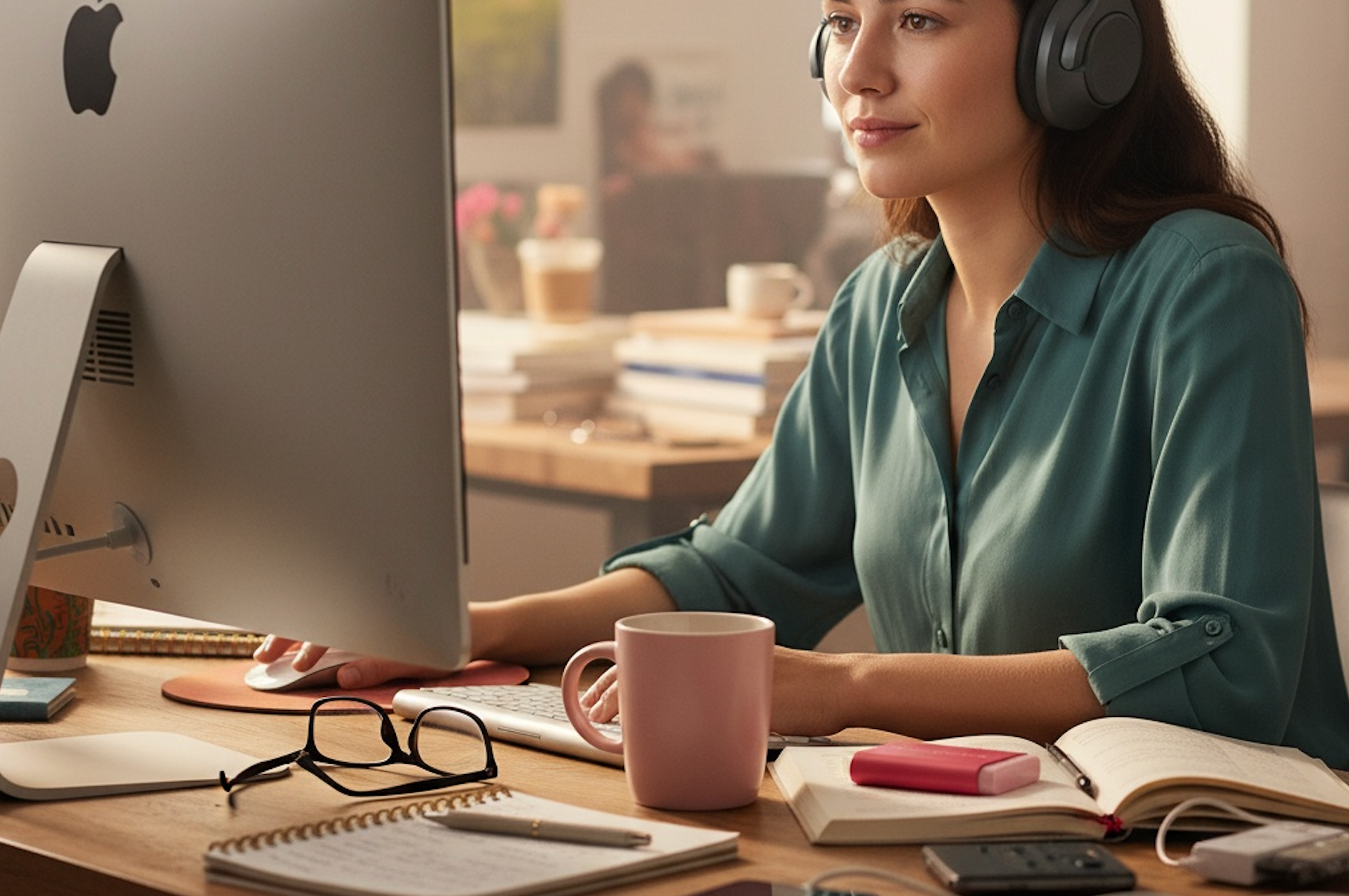 Woman with blue light glasses working at computer for digital wellness and eye protection