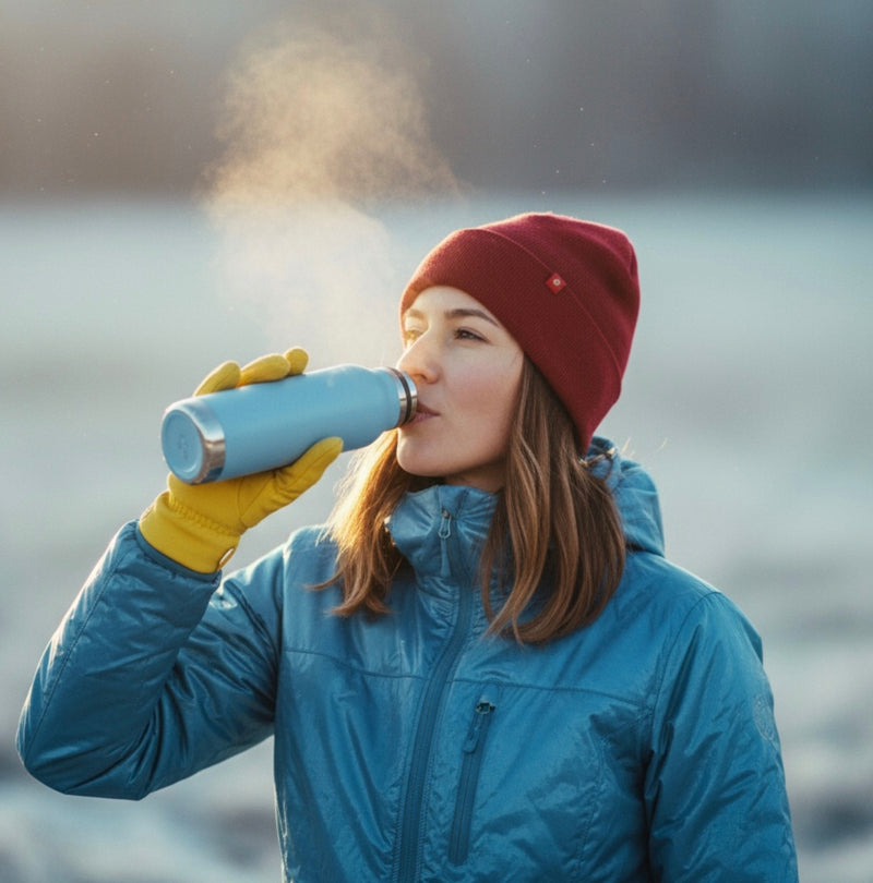 Woman in ice and snow hydrating on water