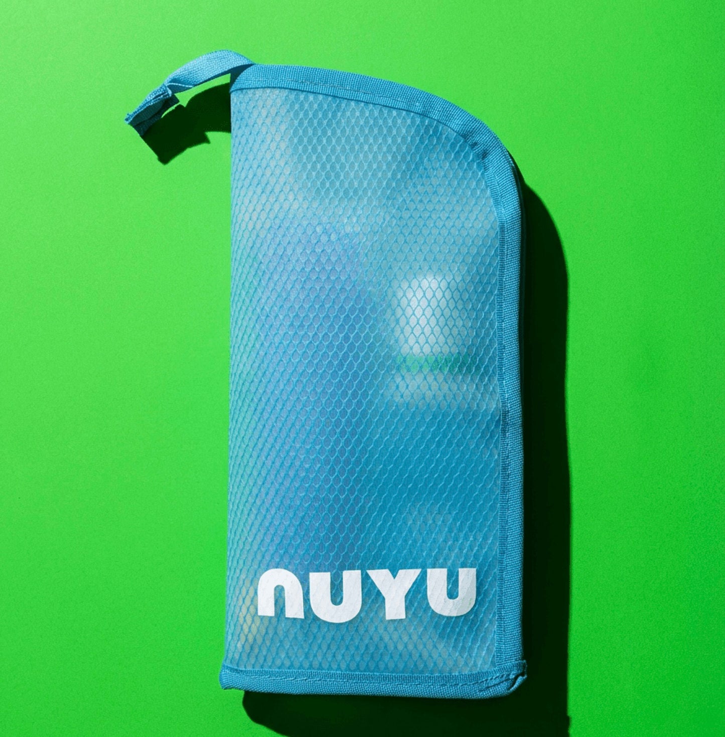 Blue mesh pouch with 'NUYU' branding on a green background