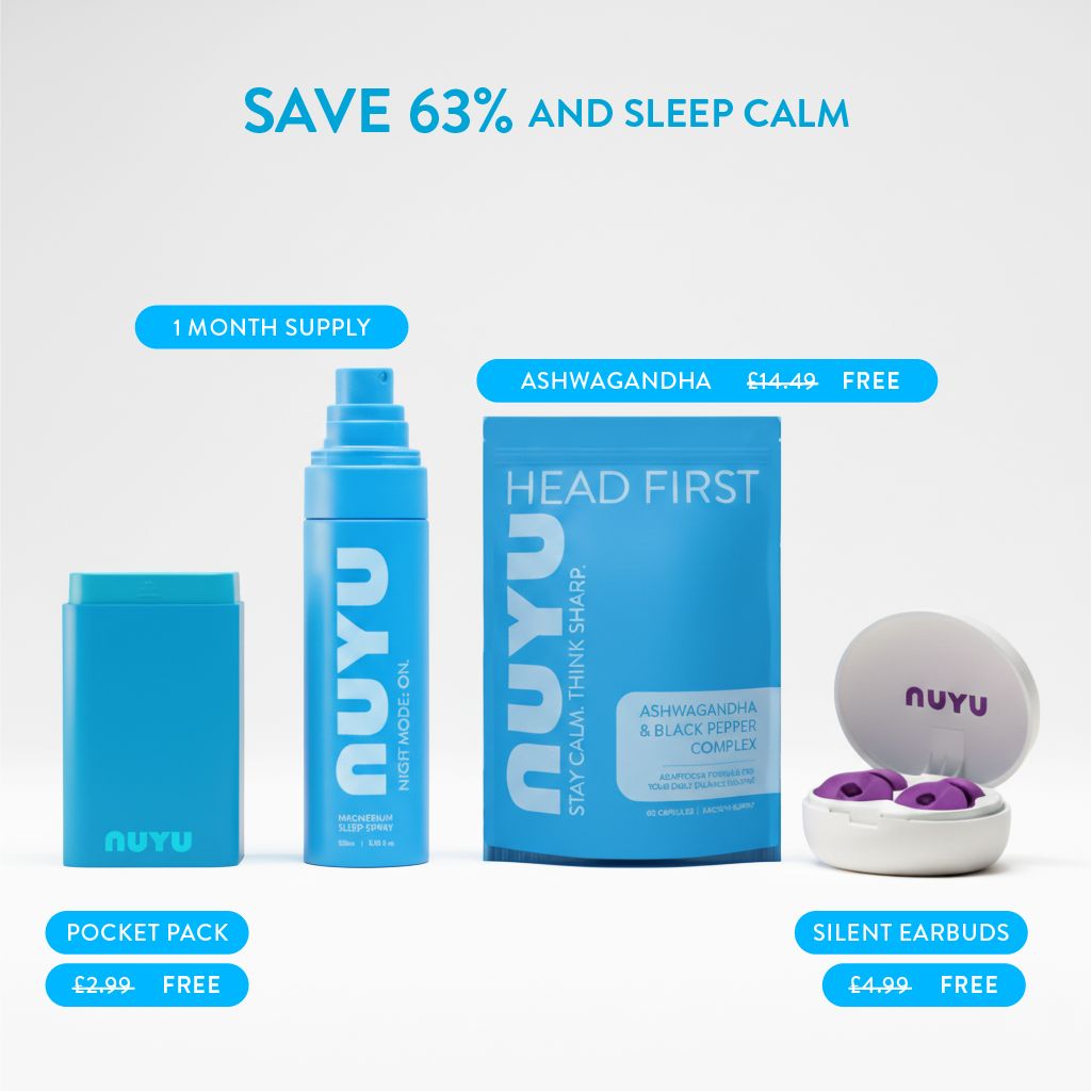 NUYU sleep bundle with magnesium spray UK, ashwagandha supplements and silent earbuds