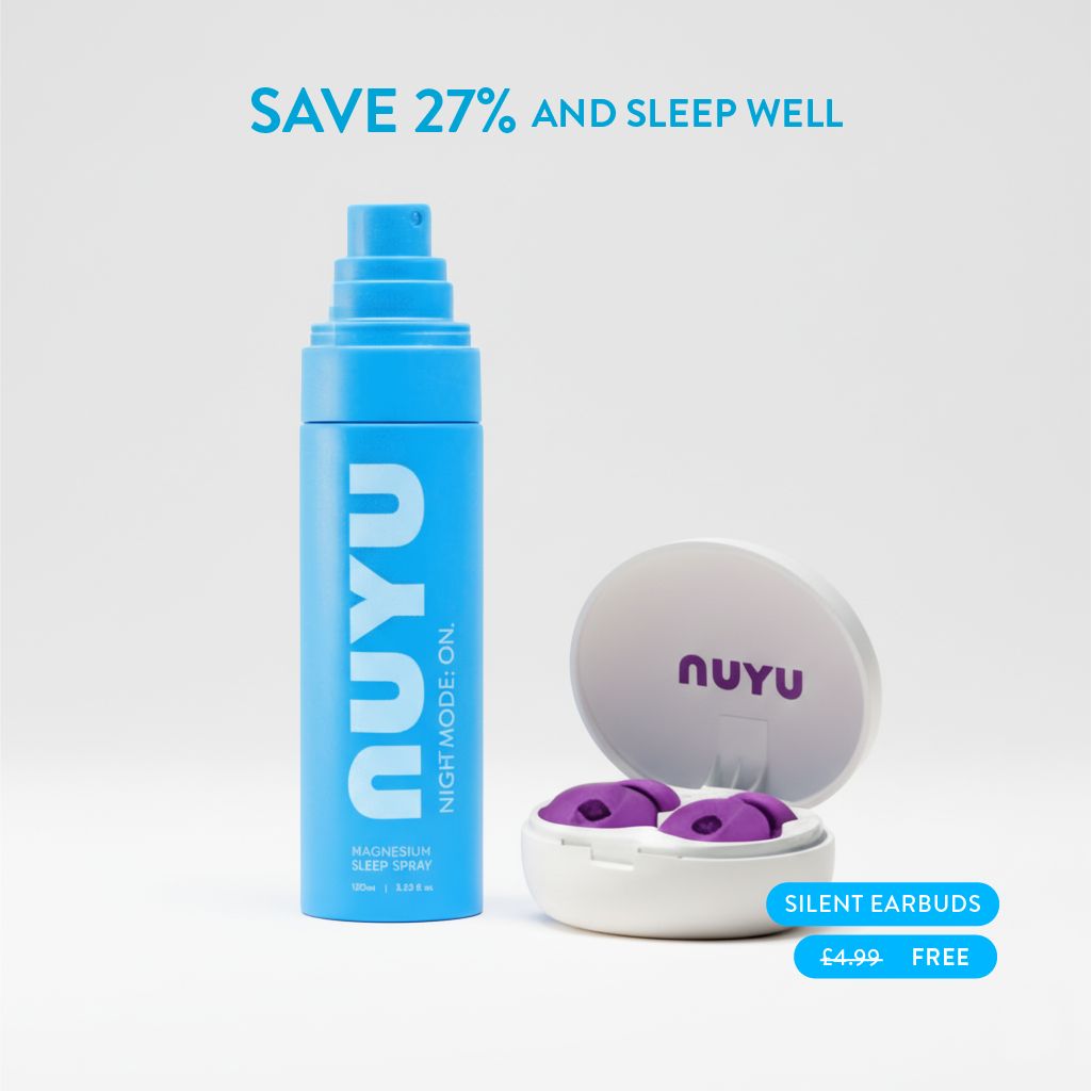 NUYU magnesium sleep spray bottle and earbuds on a light gray background with promotional text.