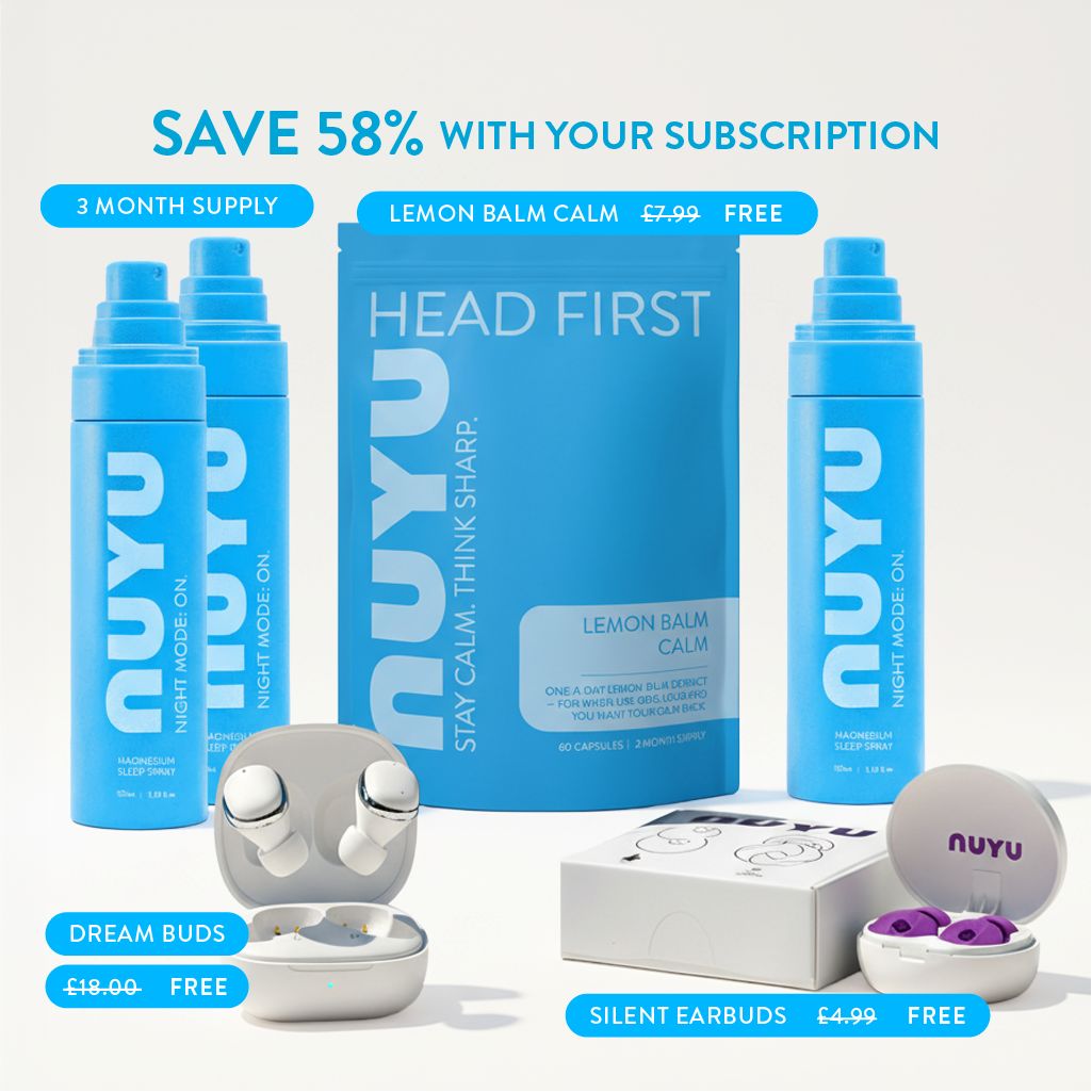 NUYU magesium product lineup including bottles, packaging, and accessories on a light gray background with promotional text.