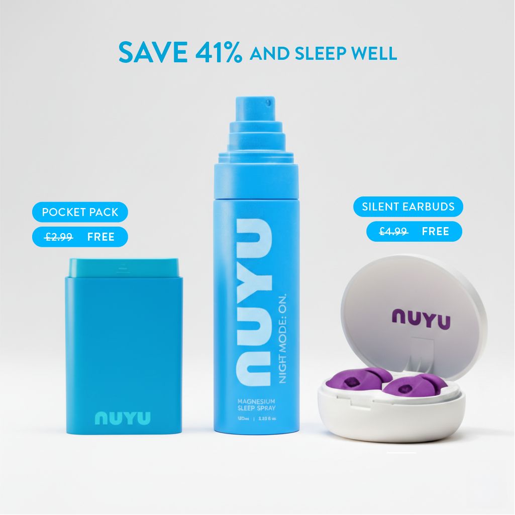 NUYU magnesium sleep spray, pocket pack, and earbuds on a light gray background with promotional text.