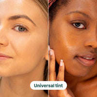 Tinted sunscreen for face with SPF 30 applied on diverse skin tones showing universal tint benefits