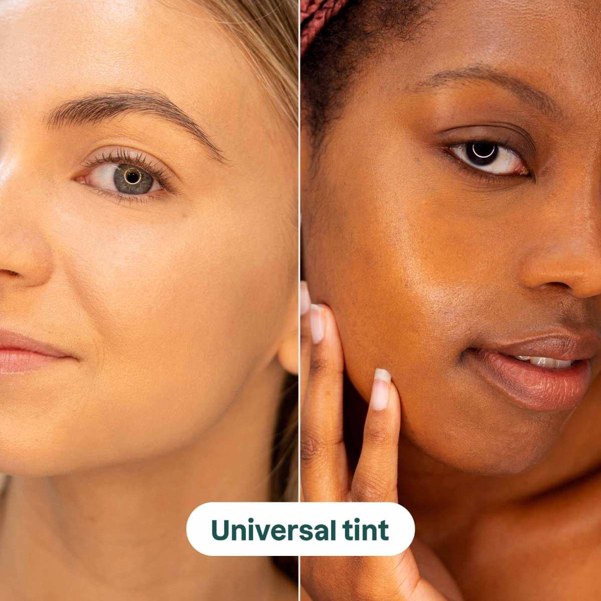 NUYU universal tint SPF shown on two different skin tones, wellness supplement UK brand