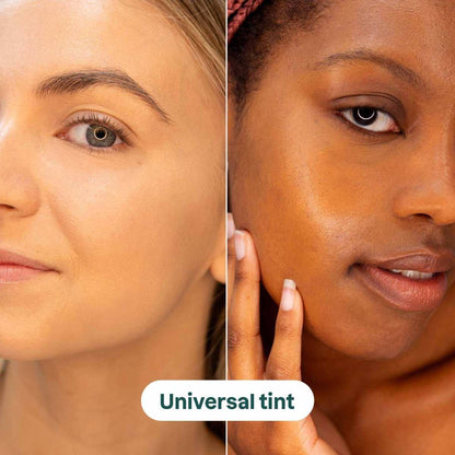 NUYU universal tint SPF shown on two different skin tones, wellness supplement UK brand