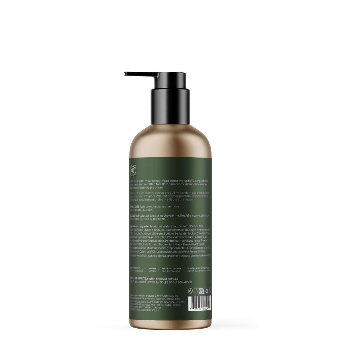 NUYU back view of ATTITUDE hydrating peppermint shampoo bottle showing green label wellness supplement UK