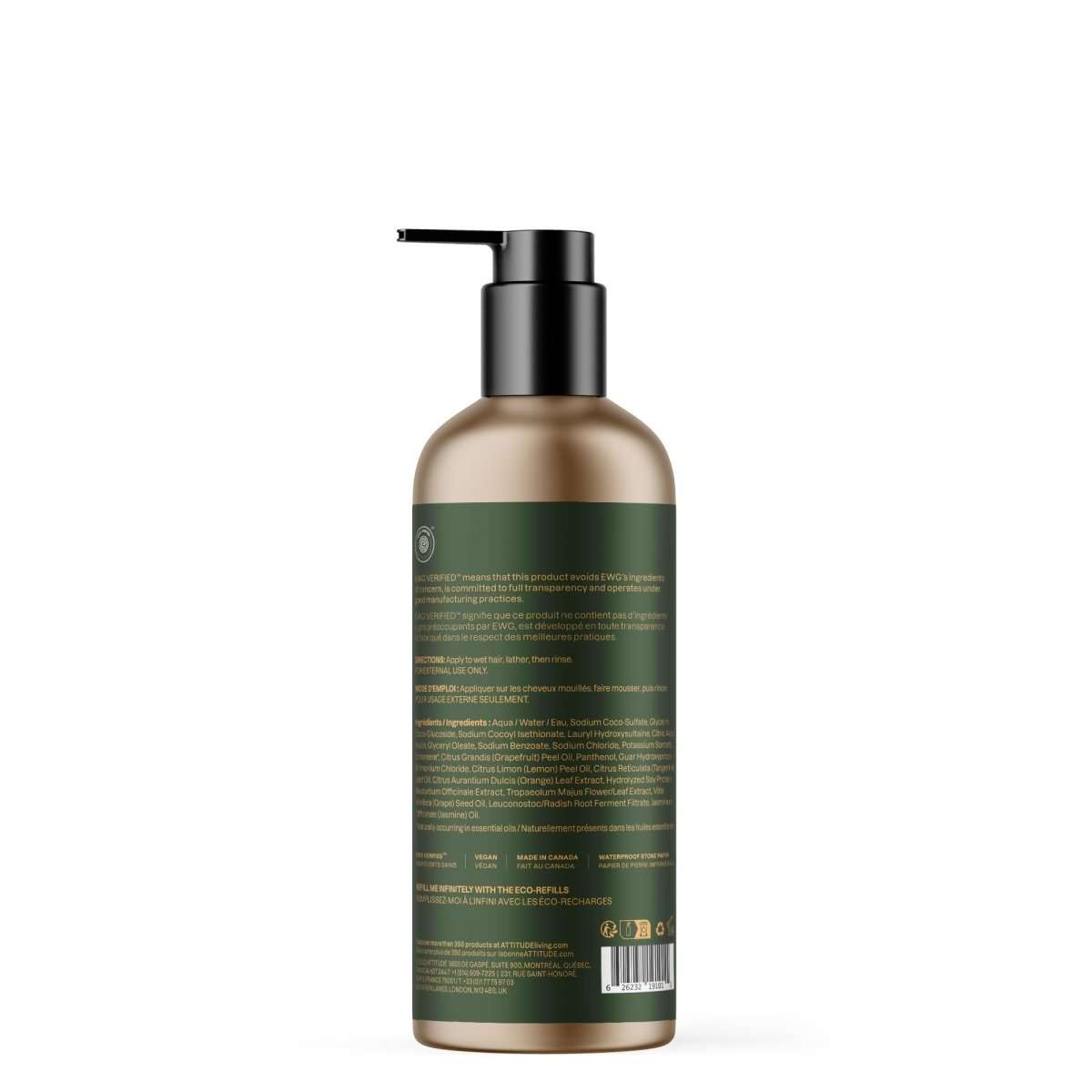 NUYU wellness supplement UK: ATTITUDE volumising shampoo bottle back view showing green label ingredients