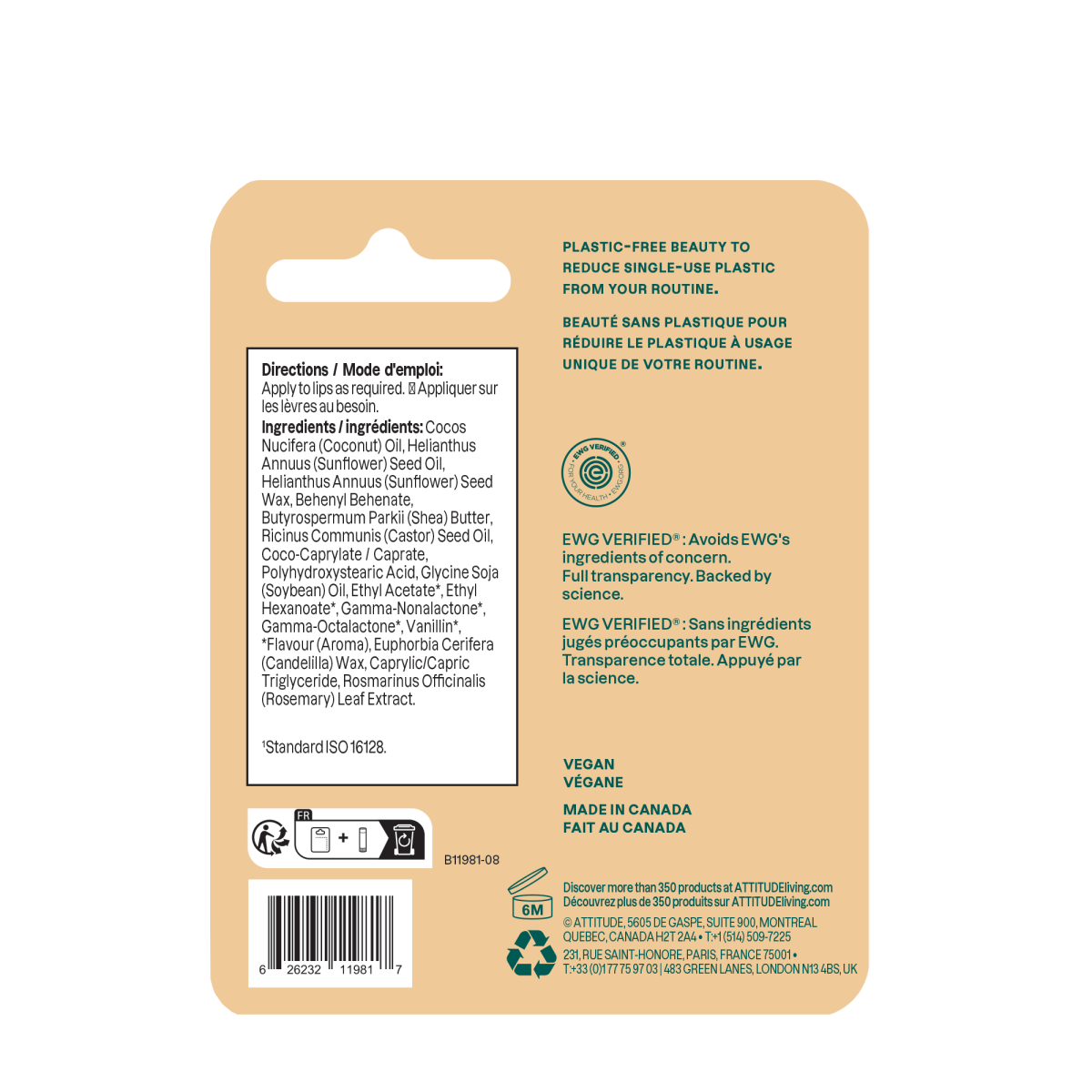 Vegan ATTITUDE Coconut Lip Balm with shea butter for hydration and tropical flavor, EWG Verified and plastic-free packaging