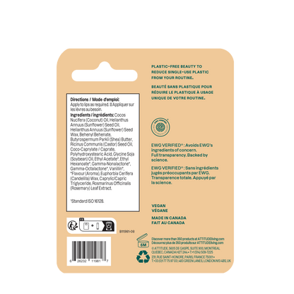 NUYU ATTITUDE coconut lip balm back packaging showing ingredients and wellness supplement UK certifications