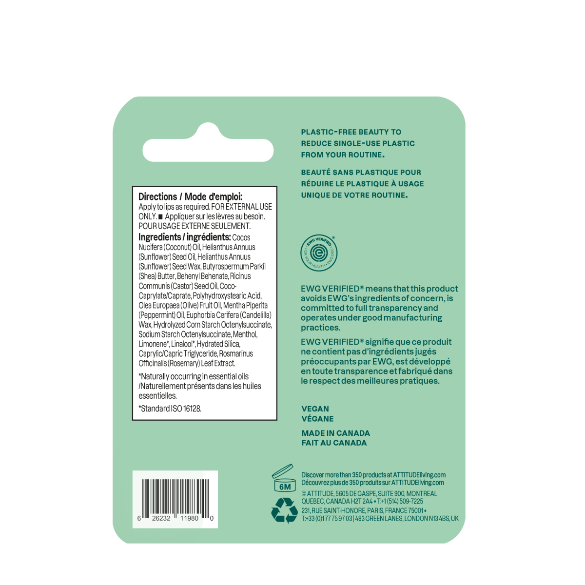 ATTITUDE Mint Lip Balm with shea butter for hydrating and soothing lips, natural vegan ingredients, refreshing mint flavor, EWG Verified, plastic-free packaging