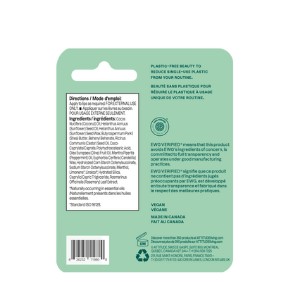 NUYU ATTITUDE mint lip balm back packaging showing green design and wellness supplement UK ingredients