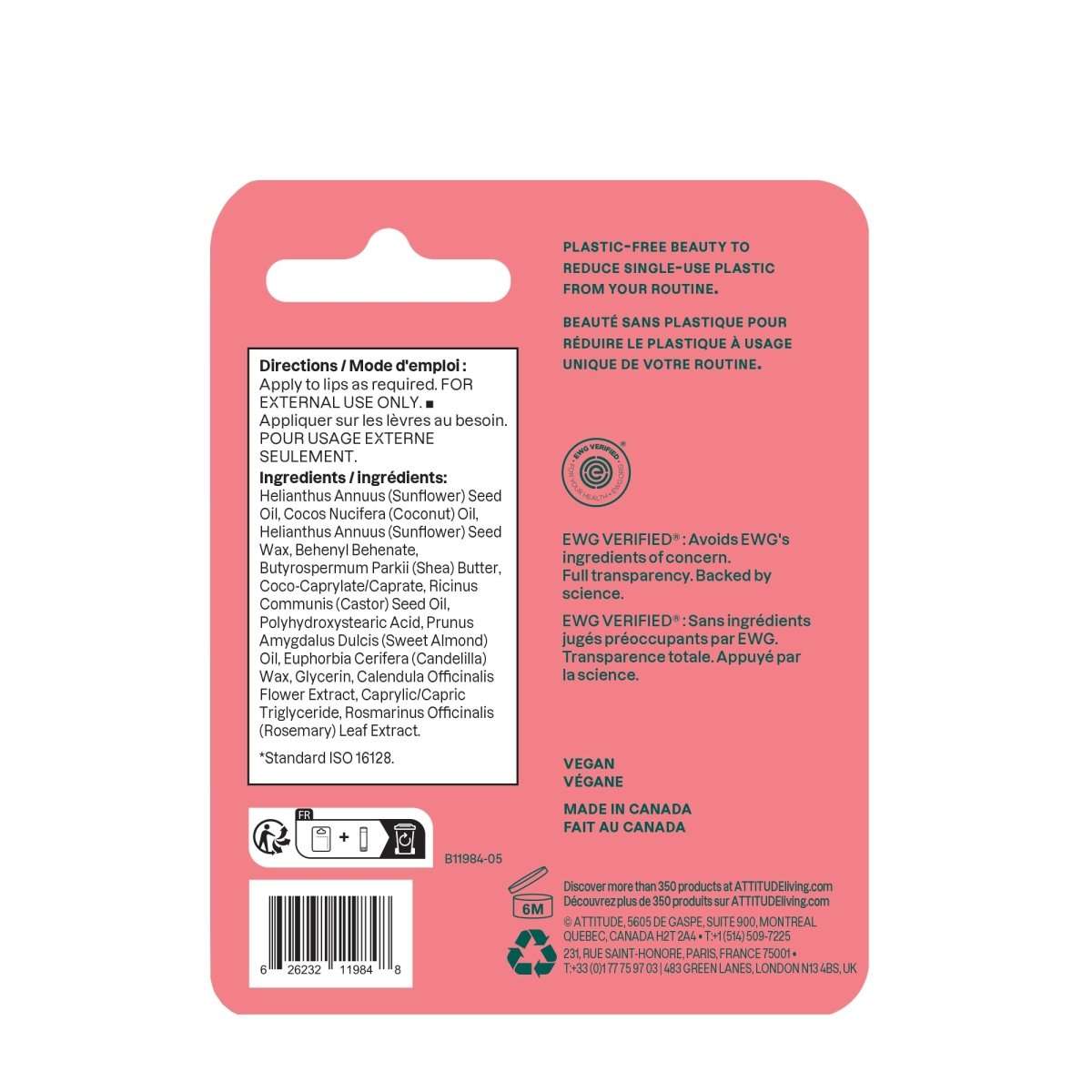 NUYU ATTITUDE lip balm back packaging showing ingredients list and wellness supplement UK certifications