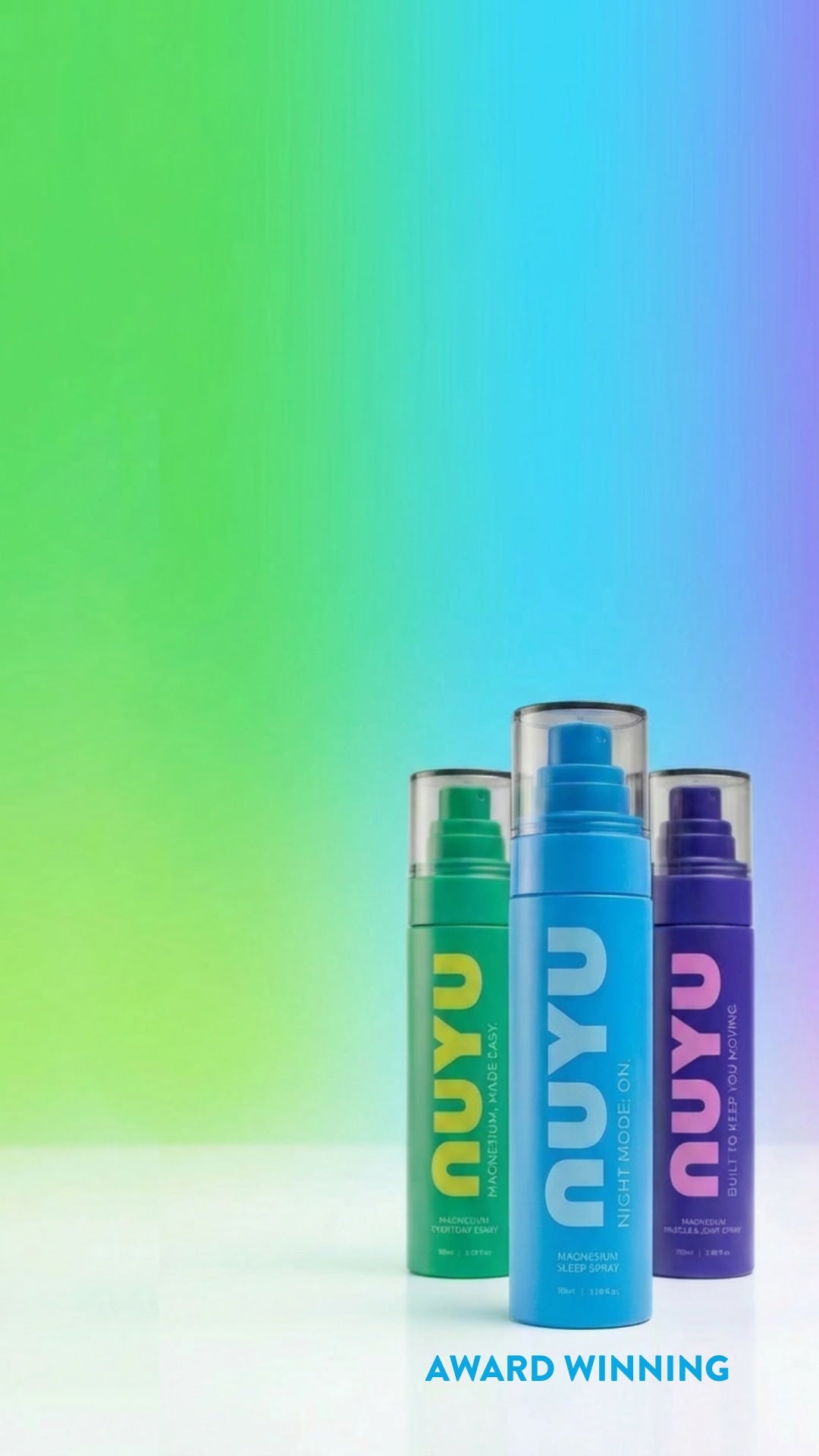 NUYU magnesium spray bottles in green blue purple against colorful gradient background