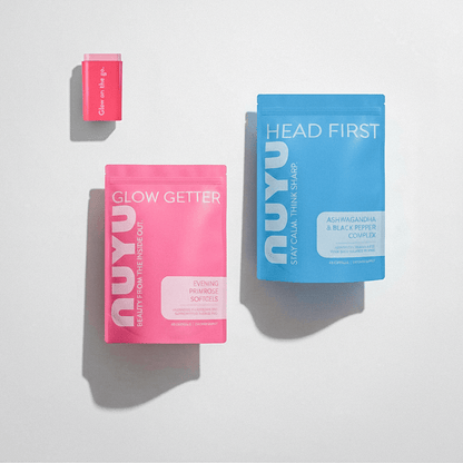 NUYU Balance Mode Nutrition Kit showing pink Glow Getter and blue Head First wellness supplement UK pouches with spray