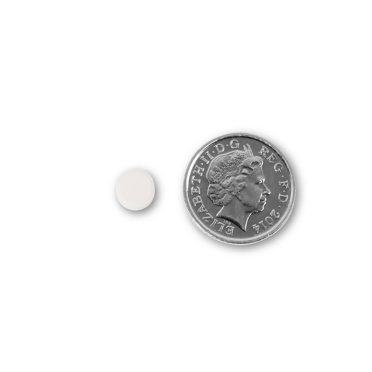 NUYU biotin supplement UK tablet size comparison with British coin showing small white capsule