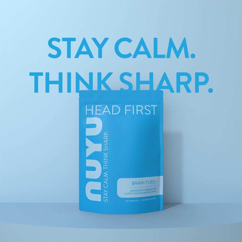 NUYU Brain Fuel+ nootropic cognitive support supplement in blue packaging with motivational text