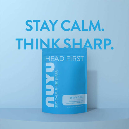 NUYU Brain Fuel+ nootropic cognitive support supplement in blue packaging with motivational text