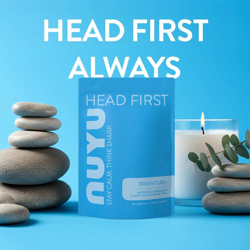 NUYU Brain Fuel+ nootropic cognitive support box with stacked stones on blue background