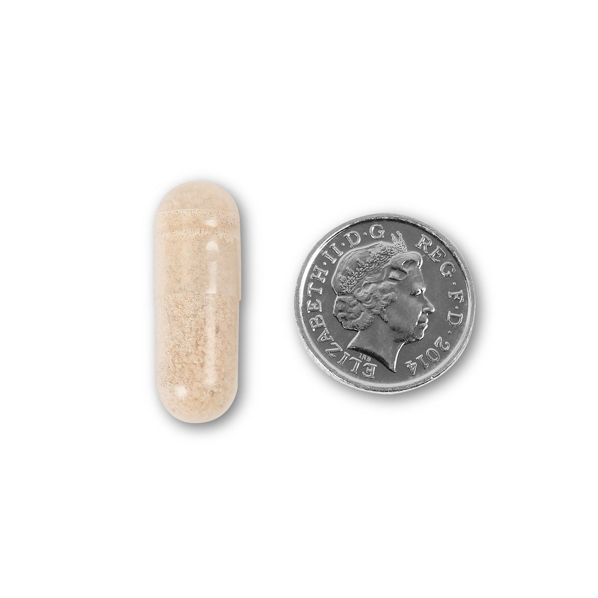 NUYU brain supplement UK capsule size comparison with British coin on white background