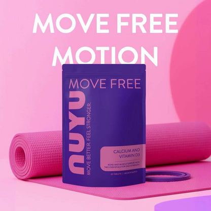 NUYU Calcium Vitamin D3 multivitamin supplement UK on pink yoga mat with fitness equipment