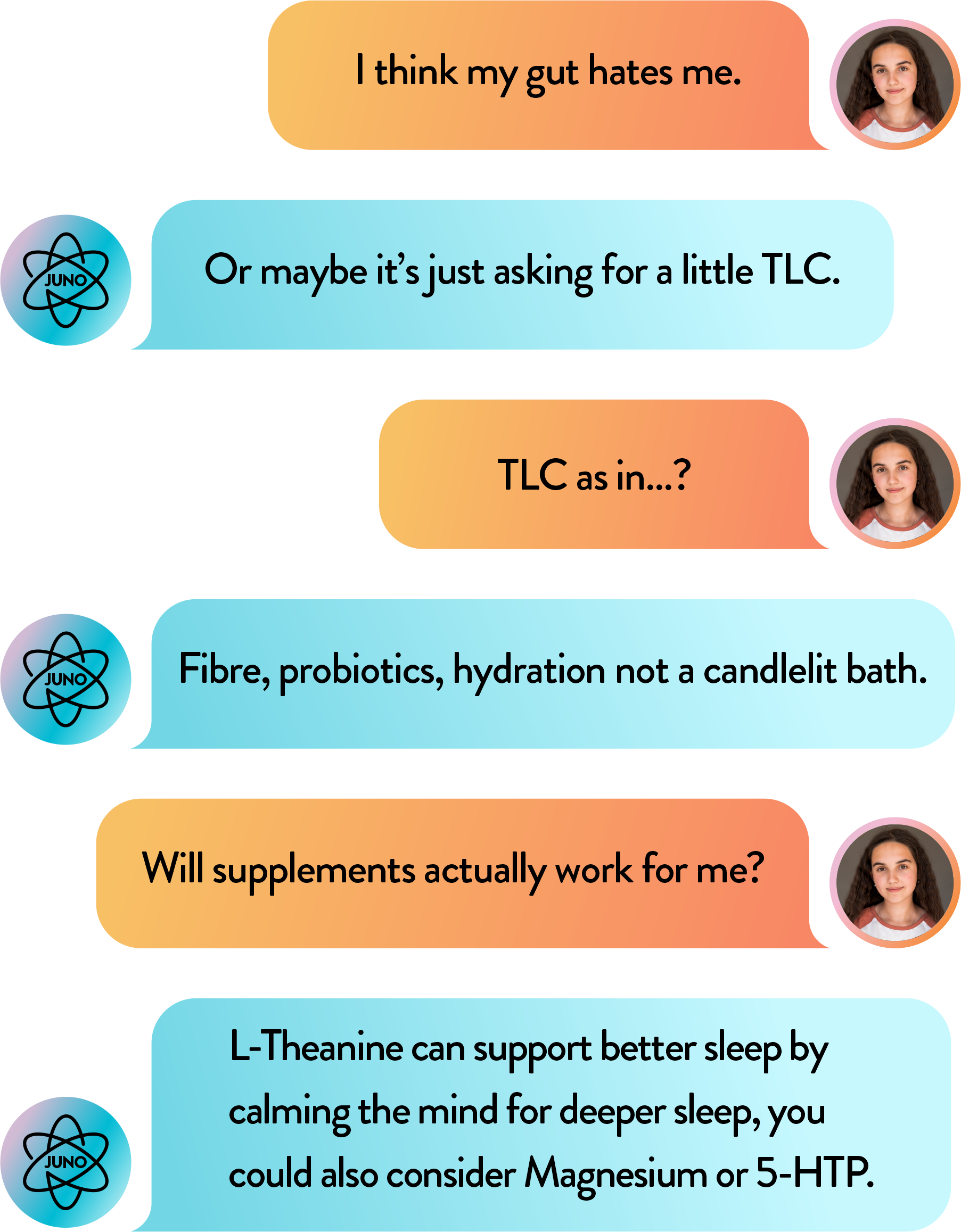 NUYU chat conversation about gut health and sleep supplements including magnesium UK