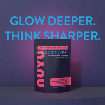 NUYU COGNISKIN neuro-dermal nutrition UK supplement pack on purple gradient background