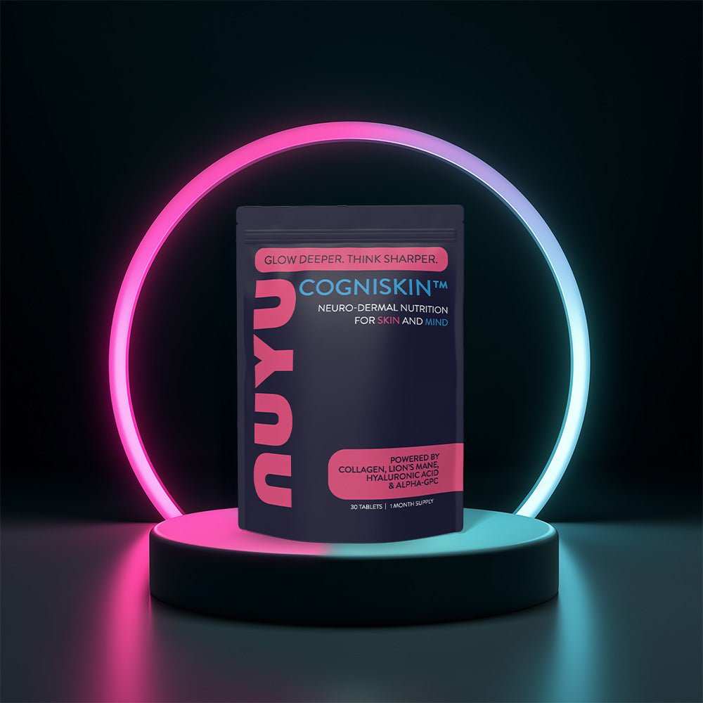 NUYU COGNISKIN neuro-dermal nutrition UK supplement in futuristic neon pink blue lighting display