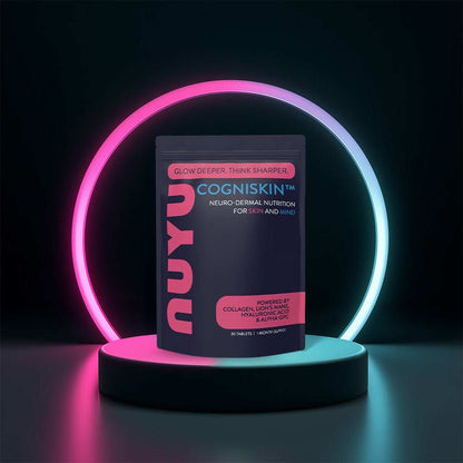NUYU COGNISKIN neuro-dermal nutrition UK supplement in futuristic neon pink blue lighting display