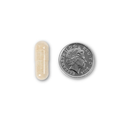 NUYU skin and brain supplement capsule size comparison with UK coin