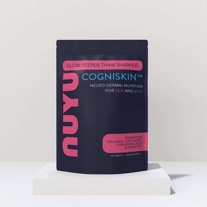 NUYU COGNISKIN neuro-dermal nutrition UK supplement pouch in dark packaging with pink branding