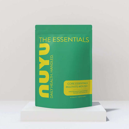 NUYU Core Essentials Men's 50+ multivitamin supplement UK green pouch on white platform
