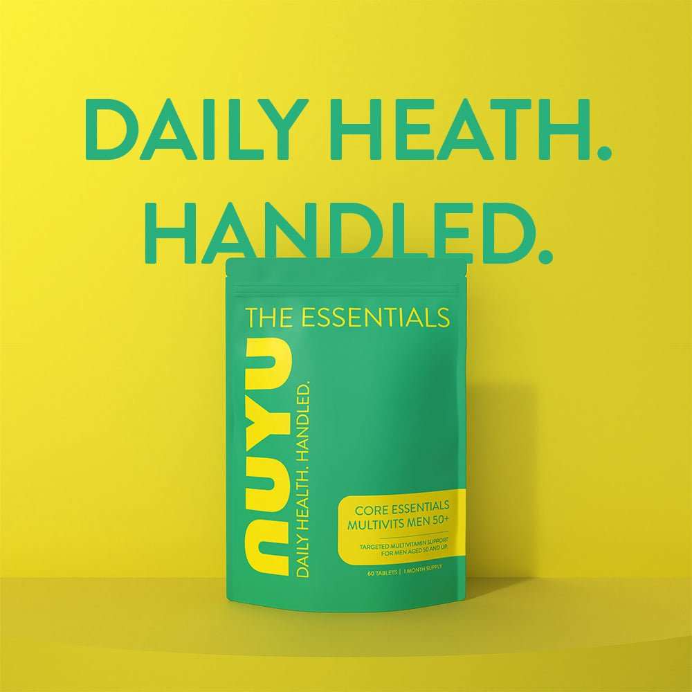 NUYU men's 50+ multivitamin supplement UK in green pouch on bright yellow background